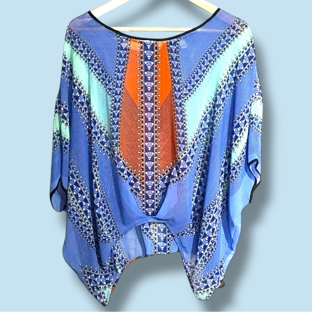 Bisou‎ Bisou Michele Bohbot Womens Large Blue Orange Tribal Sheer Poncho Top L